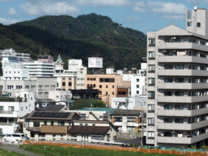 中橋アーチ頂上から臨む足利市の風景写真です。