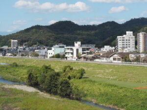 中橋アーチ頂上から臨む足利市の風景写真です。