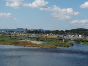 中橋アーチ頂上から臨む足利市の風景写真です。