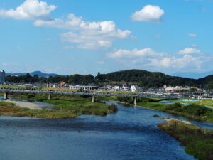 中橋アーチ頂上から臨む足利市の風景写真です。