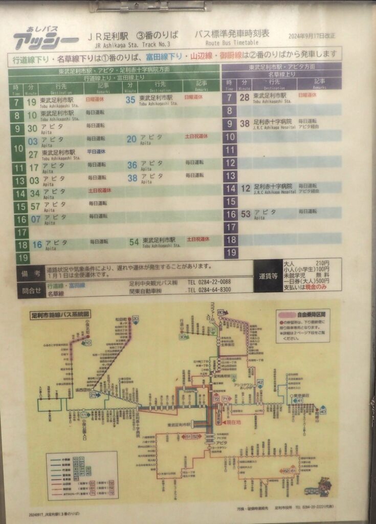 ＪＲ足利駅③時刻表と路線図の写真です。