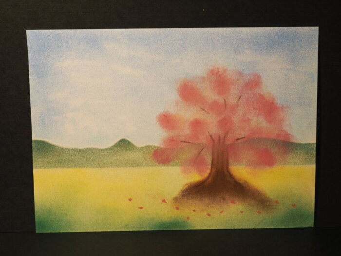 パステル画「朝靄の森」-
