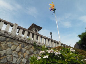 織姫神社「七色の吹き流し」とアジサイの写真です。