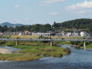 中橋上空から見た渡良瀬橋周辺の写真です。